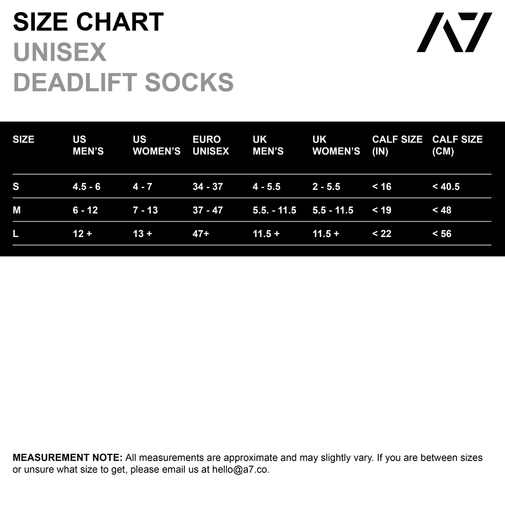 
                      
                        A7 Cyanite deadlift socks are designed specifically for pulls and keep your shins protected from scrapes. A7 deadlift socks are a perfect pair to wear in training or powerlifting competition. The A7 IPF Approved Kit includes Powerlifting Singlet, A7 Meet Shirt, A7 Zebra Wrist Wraps, A7 Deadlift Socks, Hourglass Knee Sleeves (Stiff Knee Sleeves and Rigor Mortis Knee Sleeves). Genouill�res powerlifting shipping to France, Spain, Ireland, Germany, Italy, Sweden and EU.
                      
                    